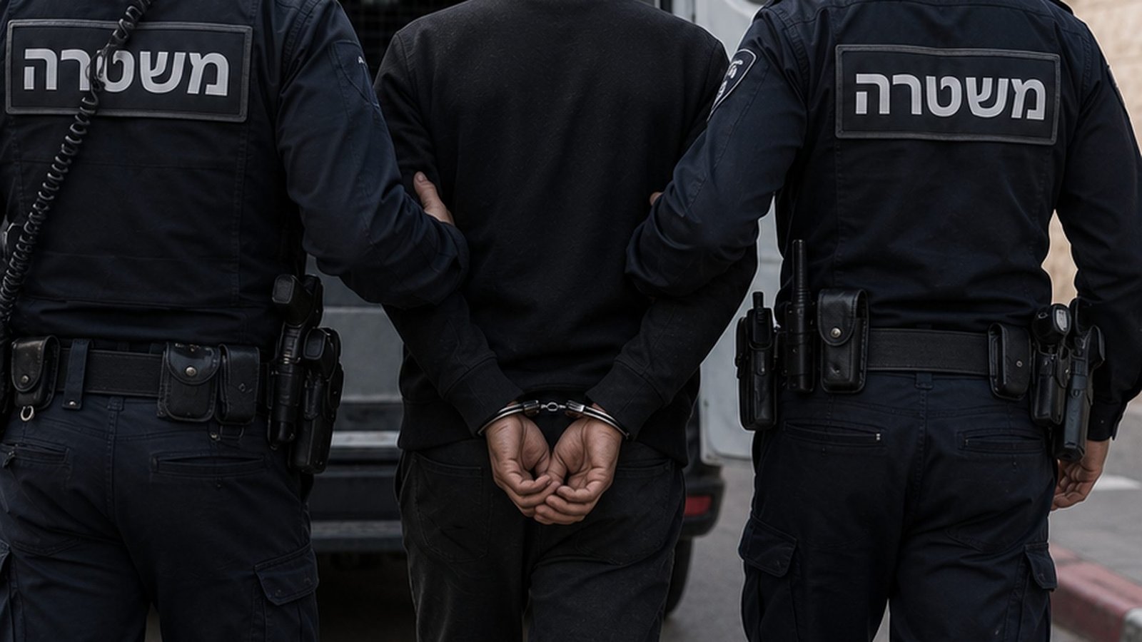 שני שוטרי משטרת ישראל במדים עוצרים אדם אזוק בגזיו.