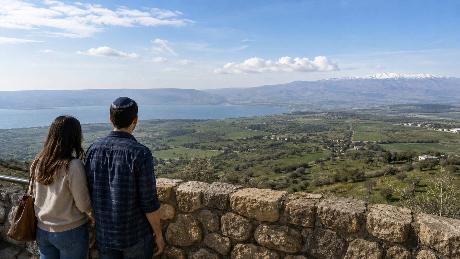 זוג צופה מהרמה אל עמק ירוק, הכנרת והחרמון המושלג ברקע.