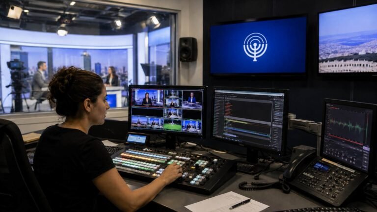 עובדת שליטה ובקרה באולפן שידור מול קונסולה ומסכים המציגים זויות צילום ונתוני עריכה.