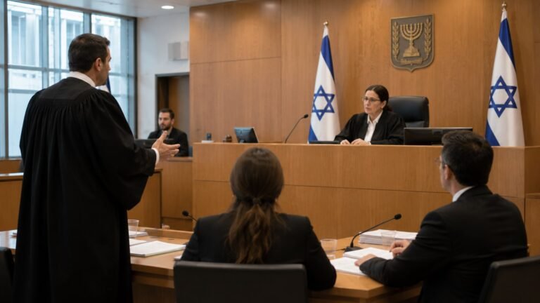 אולם בית משפט בישראל, שופטת יושבת על דוכן ועורכי דין טוענים בפניה.