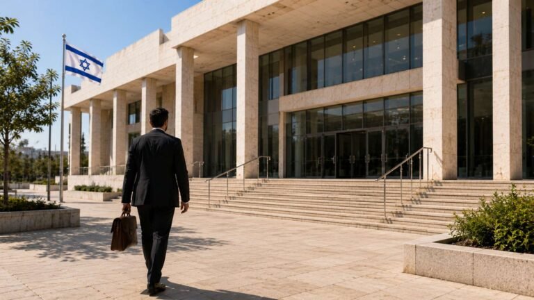 אדם בחליפה ובתיק עור הולך לעבר בניין בית המשפט העליון בירושלים, לצד דגל ישראל.
