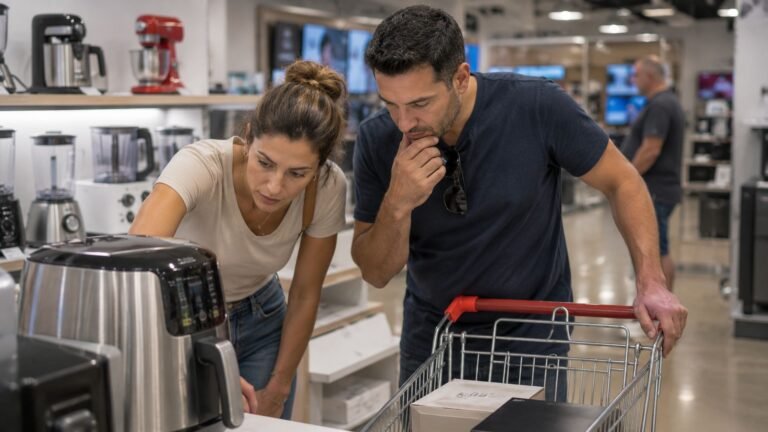 גבר ואישה בוחנים מכשיר חשמלי בחנות מוצרי חשמל, לצד עגלת קניות.