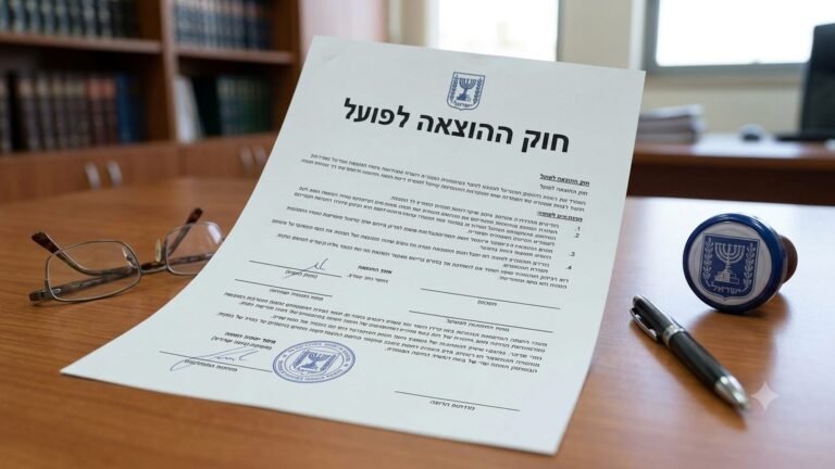 מסמך רשמי בעברית הנושא את הכותרת חוק ההוצאה לפועל, לצד משקפיים, עט וחותמת רשמית על שולחן עץ.