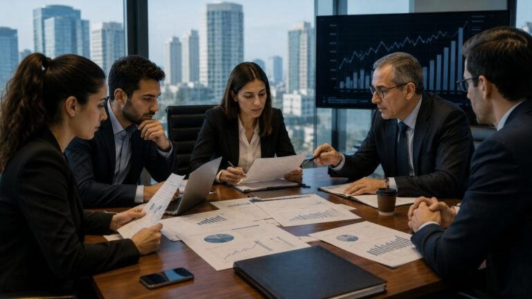 חמישה אנשי עסקים יושבים סביב שולחן ישיבות במשרד מואר עם נוף לעיר, ומנהלים דיון סביב מסמכים ותרשימים.