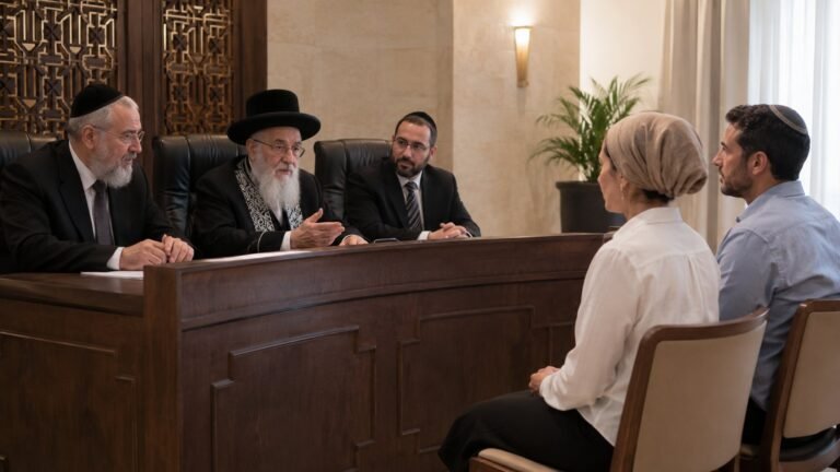שלושה רבנים יושבים סביב שולחן דיונים מול זוג היושב מולם.