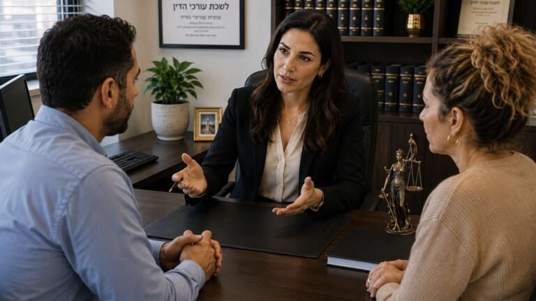 עורכת דין יושבת במשרדה ומנהלת שיחה עם זוג לקוחות מעבר לשולחן עבודה.