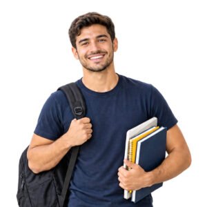 סטודנט מחייך לבוש חולצה כחולה, מחזיק תיק גב וספרים בידו.