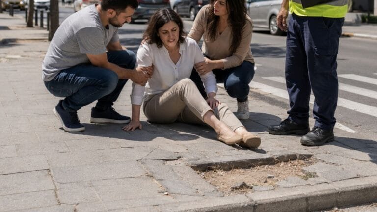 אישה יושבת על מדרכה שבורה לאחר נפילה, לצד עוברים אורח המגישים לה עזרה.