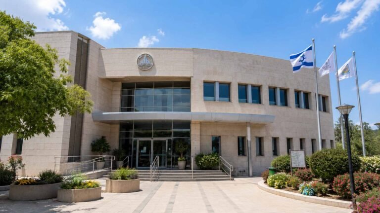 חזית מבנה אבן מודרני בן שתי קומות עם כניסת זכוכית, דגלי ישראל ודגלים נוספים המונפים מימין.