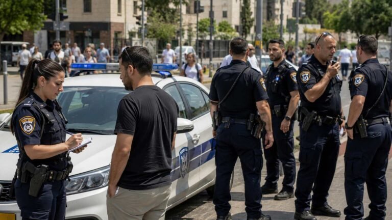 שוטרים ישראליים עומדים לצד ניידת משטרה ברחוב, שוטרת רושמת פרטים לאזרח.
