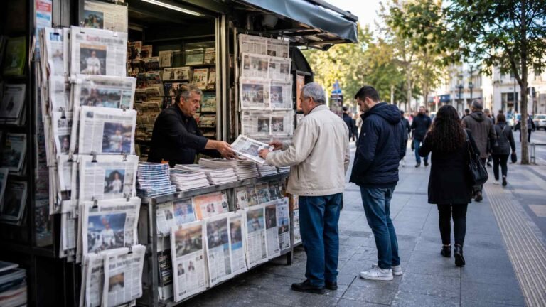 מוכר עיתונים בקיוסק ברחוב מוכר עיתון ללקוח, לצד עוברי אורח נוספים.