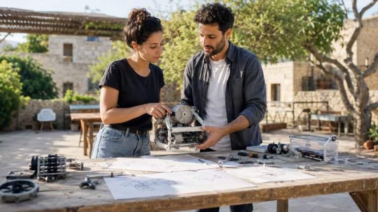 גבר ואישה עומדים ליד שולחן עץ בחצר ומרכיבים יחד מכשיר טכנולוגי לצד תוכניות הנדסיות.