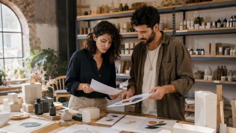 גבר ואישה בוחנים יחד עיצובים וניירות עבודה בחנות בעיצוב טבעי.