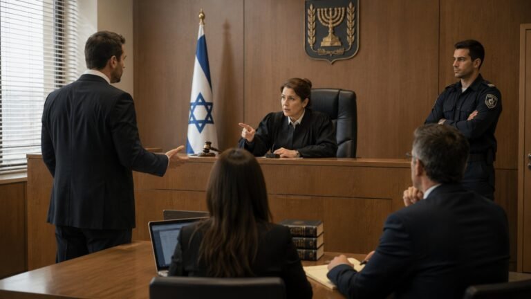 שופטת מצביעה באצבעה על עורך דין העומד באולם משפטים, לצד דגל ישראל וסמל המדינה.