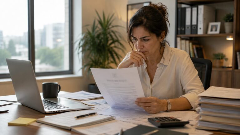 אשת עסקים יושבת ליד שולחן עמוס במסמכים ולפטופ, ומעיינת בדף בניירת בתוך משרד.