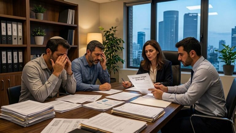 ארבעה אנשים סביב שולחן במשרד; שני גברים בצד שמאל נראים מודאגים וקרובים לבכי, אישה וגבר בצד רגל קוראים מסמכים.