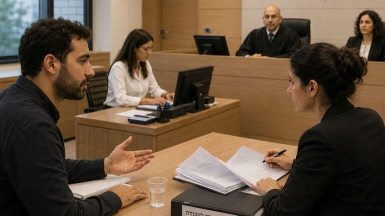דיון משפטי באולם בית משפט, שופט יושב בדוכן מאחור ועורך דין משוחח עם לקוח מעבר לשולחן.