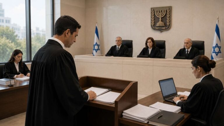 אולם בית משפט ובו שלושה שופטים יושבים על הבמה, ועורכי דין לבושים בגלימות עומדים מול דוכן הנואמים וליד שולחנות עבודה.