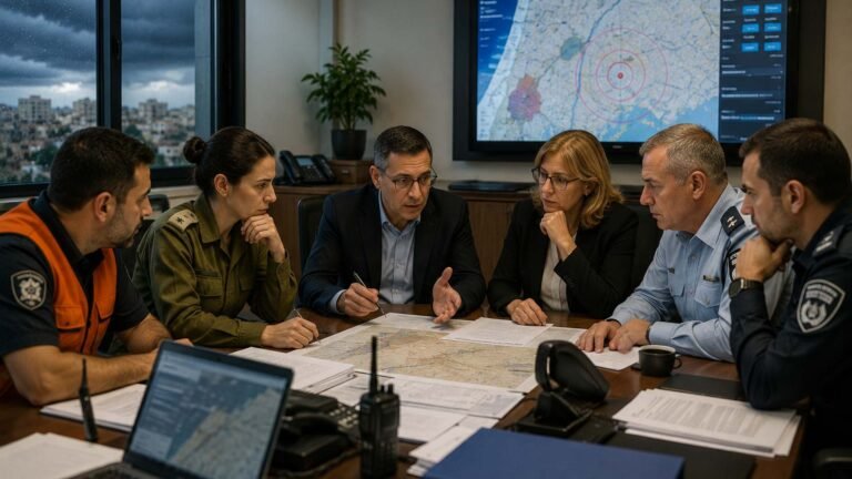ישיבת צוות חירום סביב שולחן עמוס מפות וניירות, ומאחוריהם מסך עם תצוגת מפה.